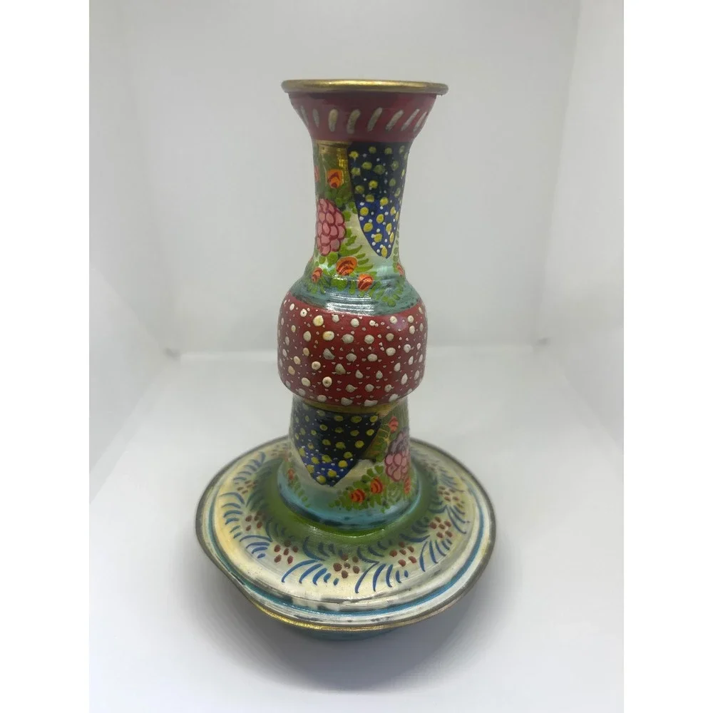 Vintage Hand Painted Metal Candle Holder Floral Folk Art Boho Decorative Taper